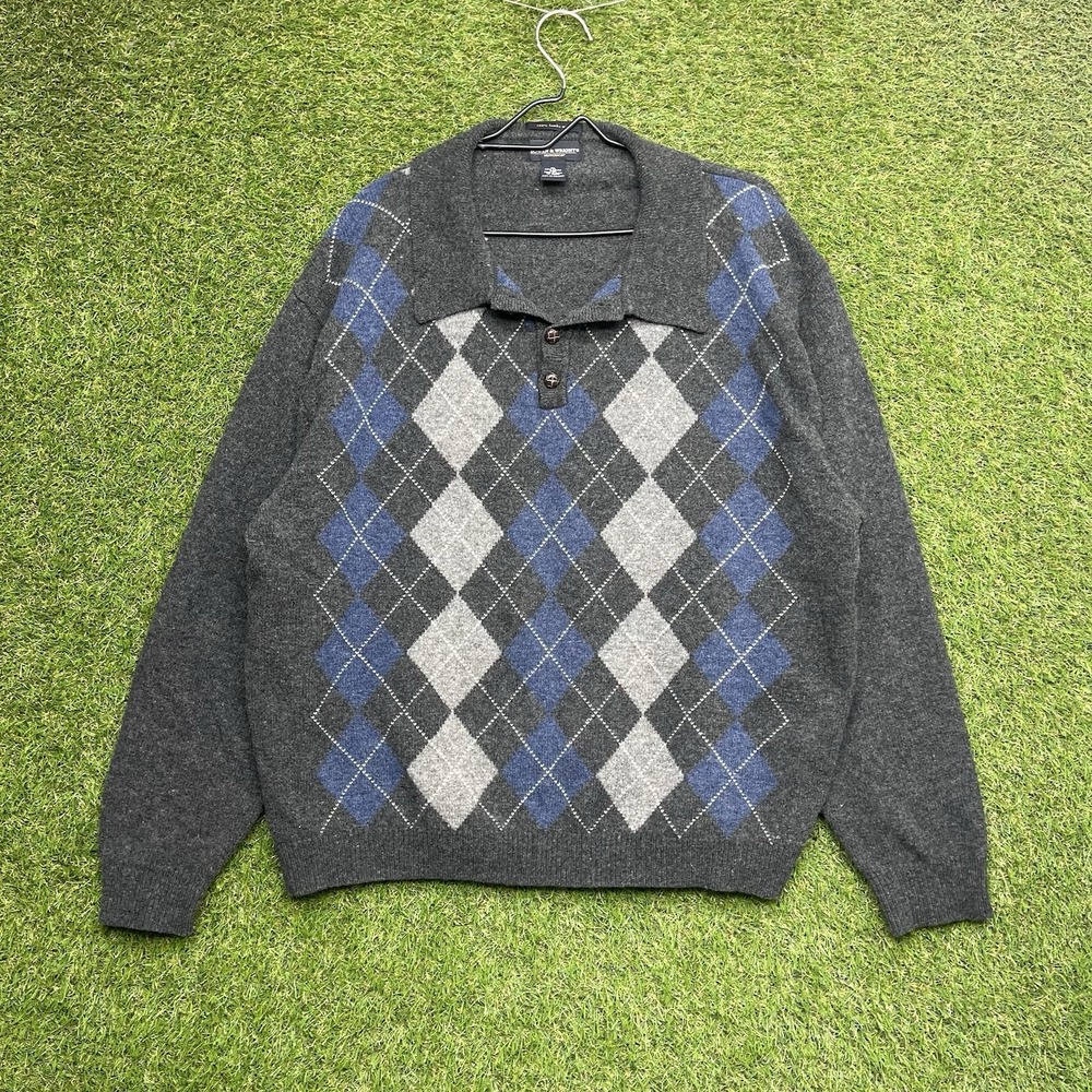 Bowen & Wright Lambswool Sweater Mens XL Heather Henley Raglan Knit Argyle 90s